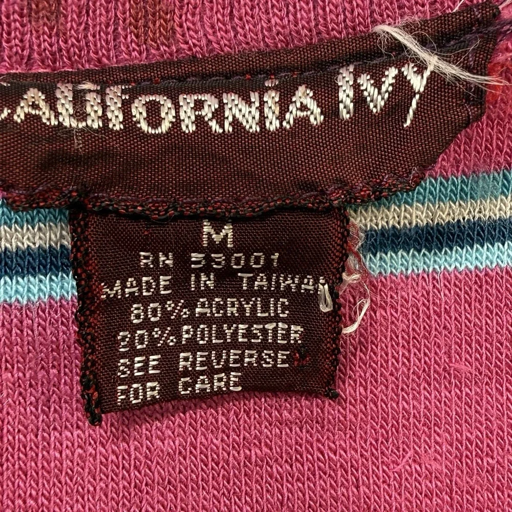 Vintage 70s California Ivy Velour Striped V Neck‎ Sweater Pink Medium
